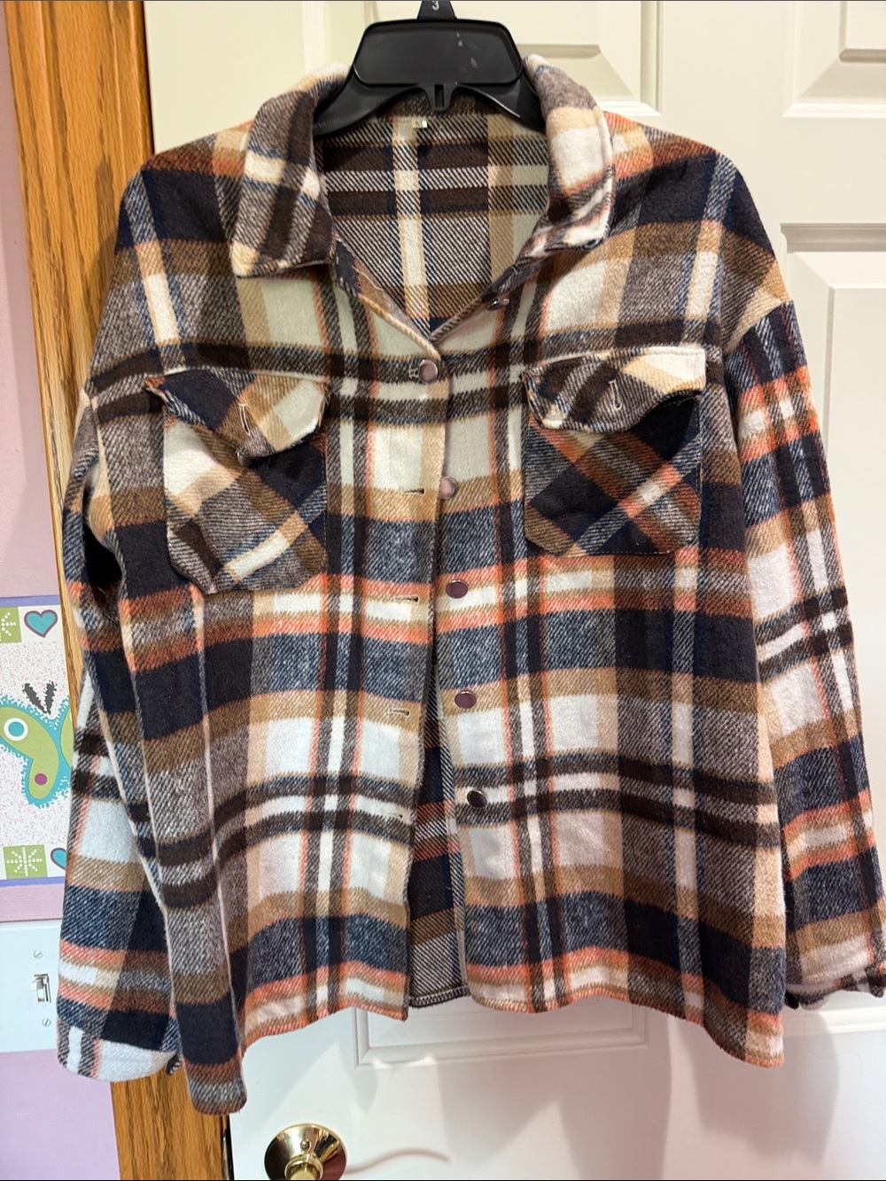 Plaid Button-Front Shacket in Brown & Cream